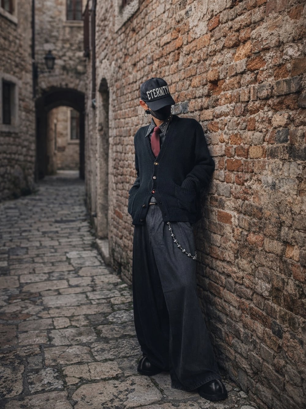 ブラック系のデニムパンツ、ブラック系のカーディガン/ボレロ、ブラック系のブーツを着用したメンズの冬コーディネートの2枚目の写真