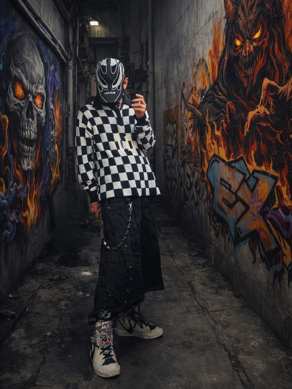 ホワイト系のスニーカー、ホワイト系のニット/セーター、ブラック系のキャップを着用したメンズの冬コーディネートの2枚目の写真