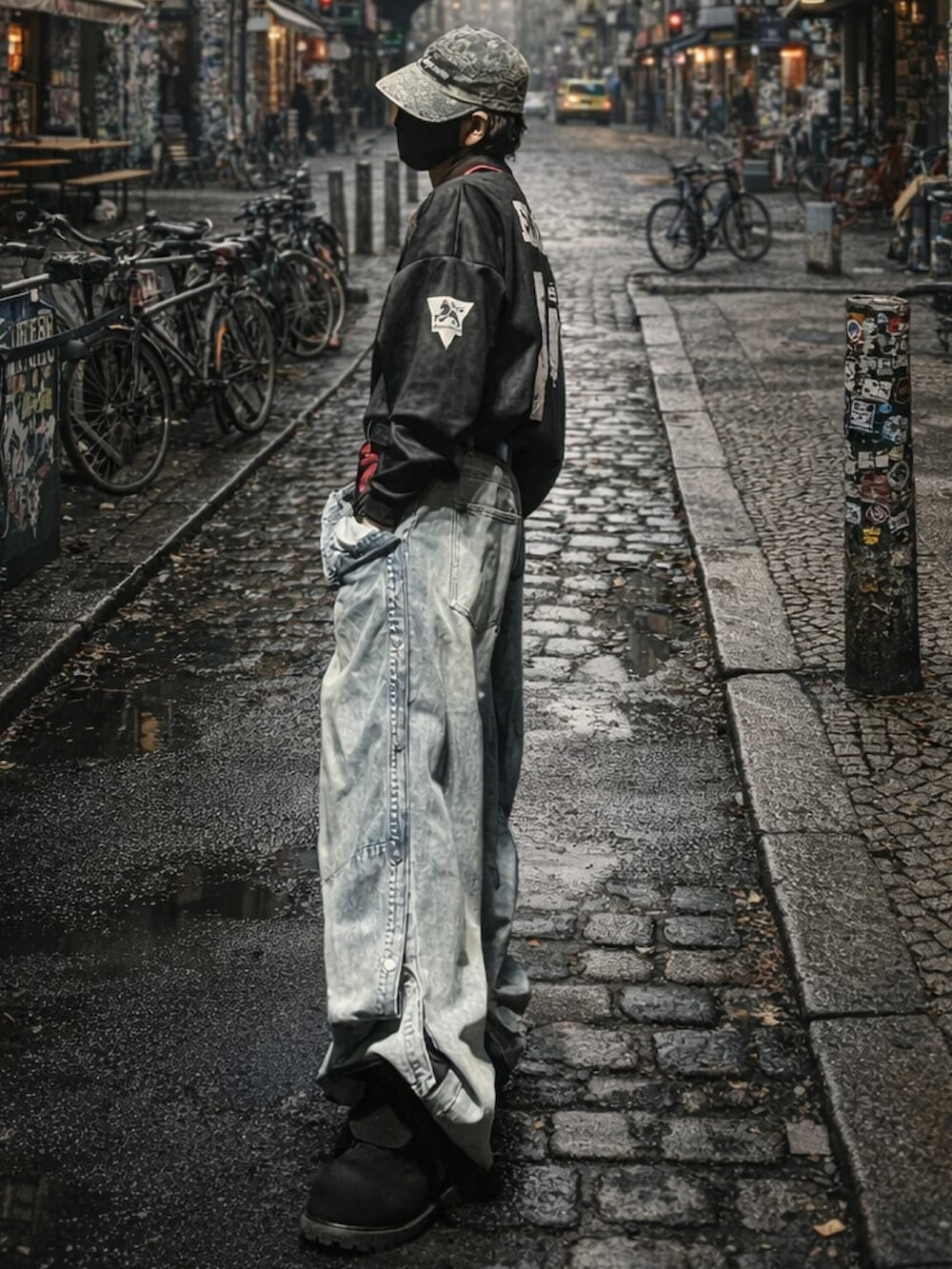 ブラック系のその他トップス、ブルー系のキャップを着用したメンズの春コーディネートの2枚目の写真