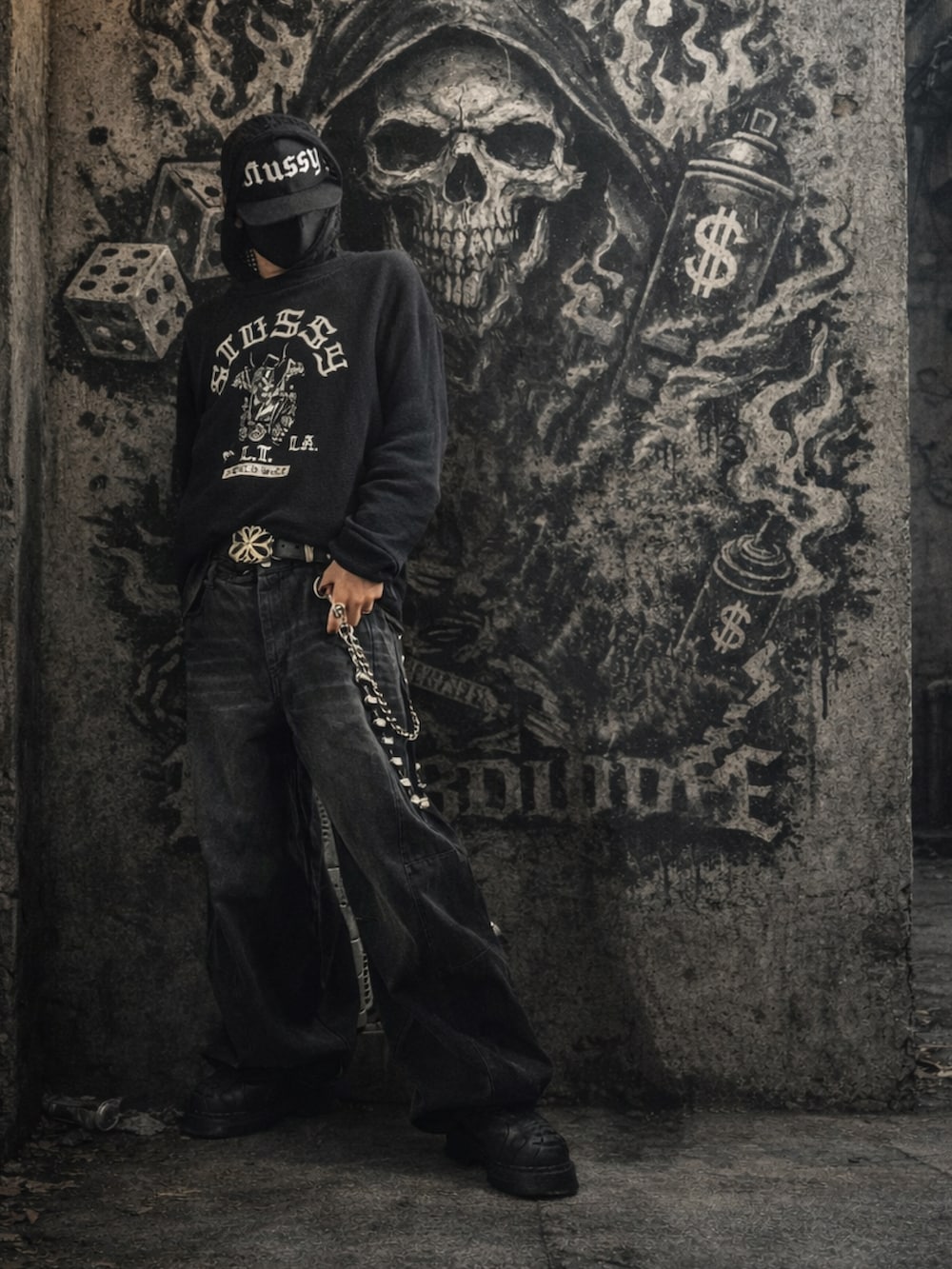 ブラック系のその他トップス、ブラック系のデニムパンツ、ブラック系のブーツを着用したメンズの冬コーディネートの2枚目の写真