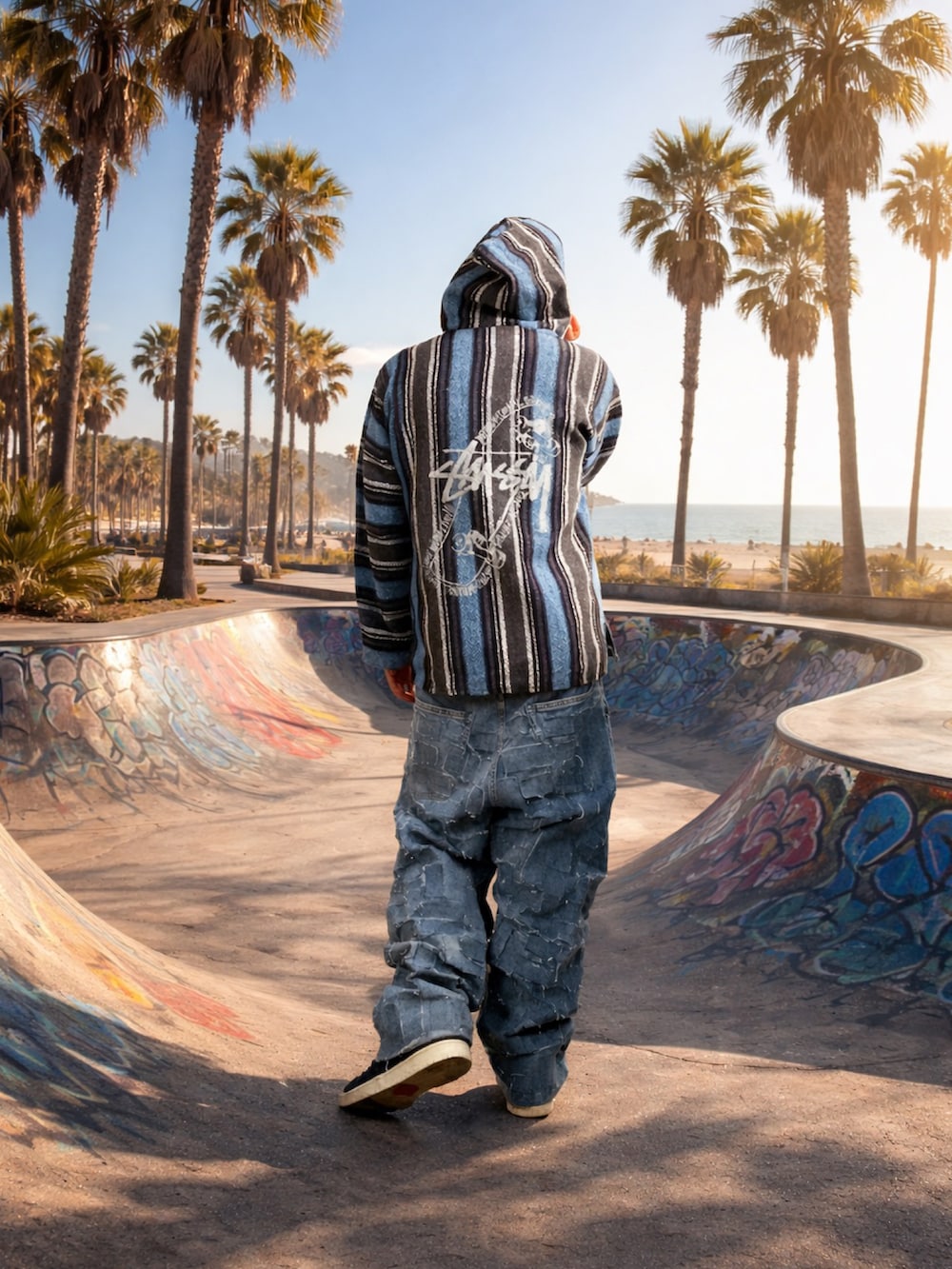 ブルー系のパーカー、ブルー系のデニムパンツ、ブラック系のスニーカーを着用したメンズの冬コーディネートの2枚目の写真