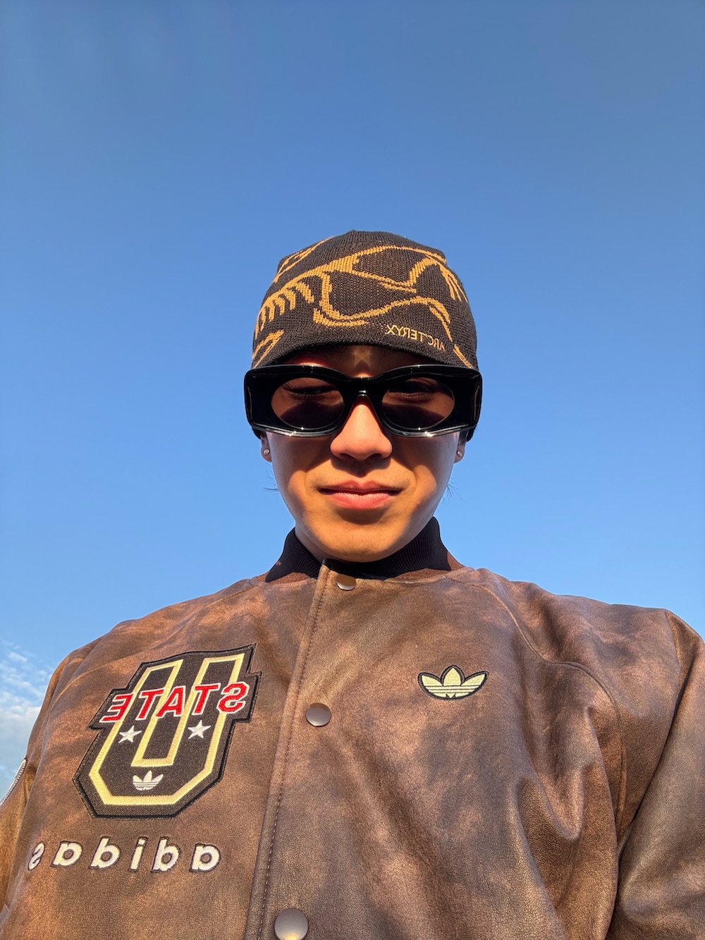 ブラウン系のスタジャン、ブラック系のパンツ、ブラック系のニットキャップ/ビーニーを着用したメンズの冬コーディネートの2枚目の写真