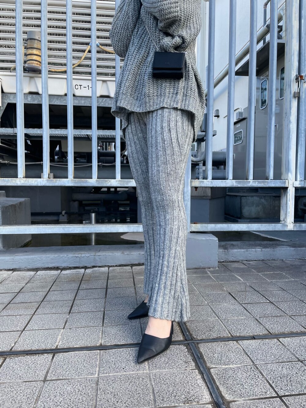 グレー系のその他パンツ、ブラック系のパンプス、グレー系のニット/セーターを着用したレディースの冬コーディネートの4枚目の写真