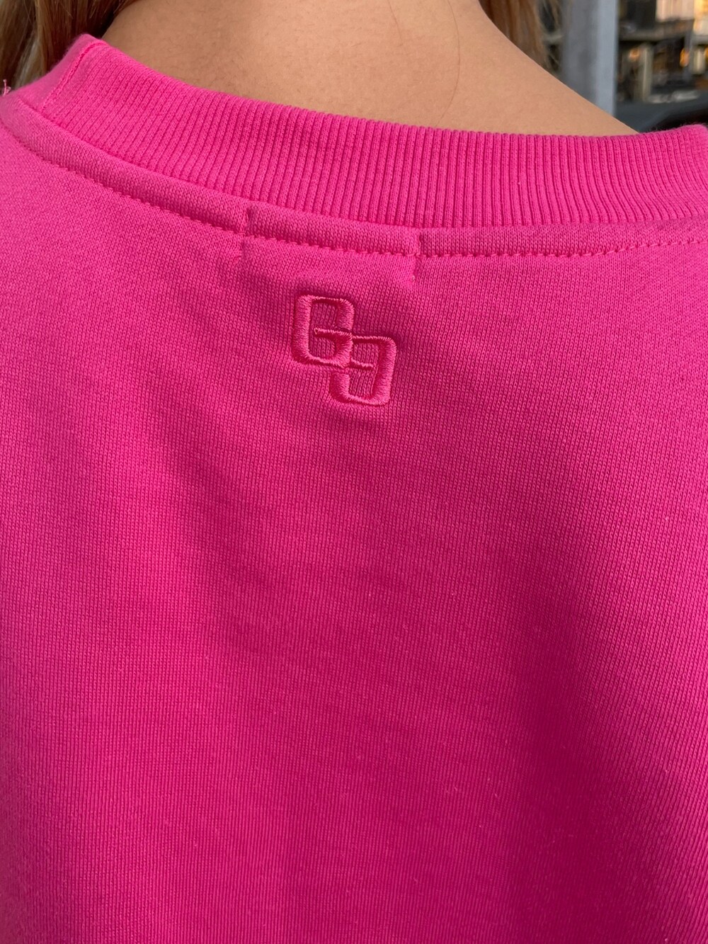 ピンク系のスウェット、ブラック系のブーツ、ブルー系のスウェットを着用したレディースの秋コーディネートの7枚目の写真