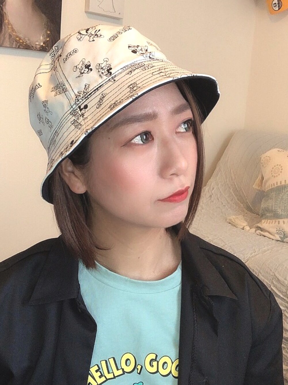 「オトナ女子、夏コーデ、オトナカジュアル、ディズニーコーデ、低身長コーデ、帽子、バケットハット、レトロ、休日スタイル」｜「Boka niiのアイテム（ハット、ブラック系）」を使った、hapidokiさん（レディース・150cm）の夏コーディネートの4枚目の写真