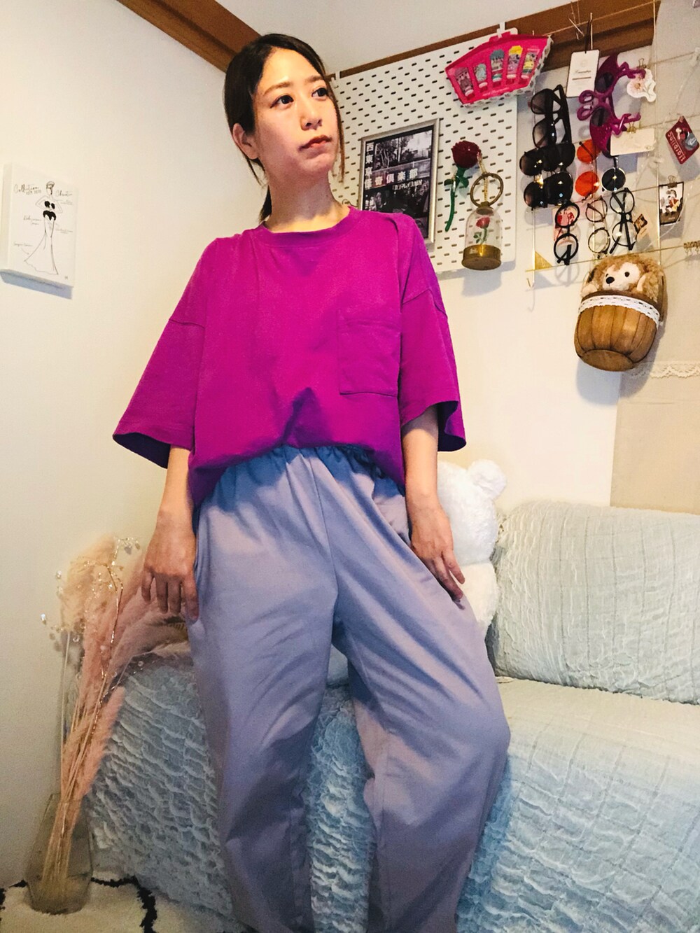 「ラクチンコーデ、ラフ、おしゃれさんと繋がりたい、リラックススタイル、夏コーデ、メンズライク、キレイめ、カジュアルコーデ、プチプラ、Tシャツ」｜「GUのアイテム（カーゴパンツ、パープル系）」を使った、hapidokiさん（レディース・150cm）の夏コーディネートの2枚目の写真