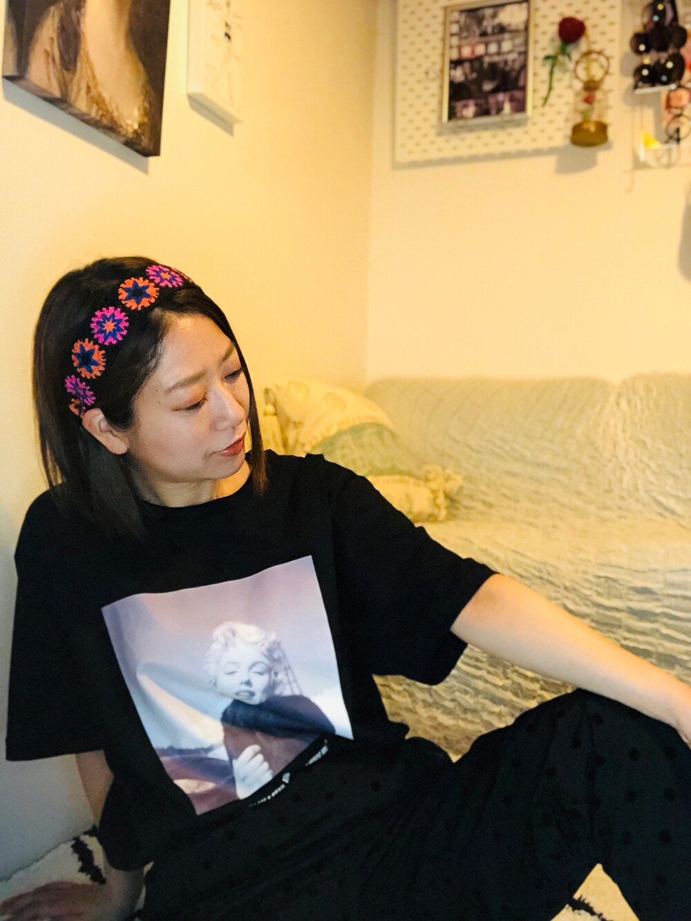 「大人コーデ、大人カジュアル、エスニック、カチューシャ、メンズライク、プチプラ、着回し抜群、マリリン・モンロー、夏だ！Tシャツ着よう！、モノトーンコーデ、ラクチンコーデ、低身長」｜「GUのアイテム（Tシャツ/カットソー、ブラック系）」を使った、hapidokiさん（レディース・150cm）の夏コーディネートの2枚目の写真