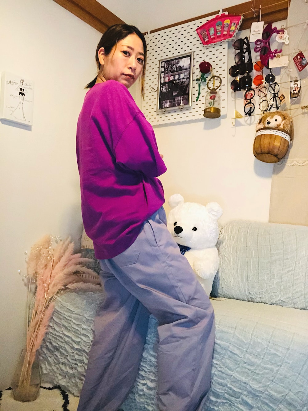 「ラクチンコーデ、ラフ、おしゃれさんと繋がりたい、リラックススタイル、夏コーデ、メンズライク、キレイめ、カジュアルコーデ、プチプラ、Tシャツ」｜「GUのアイテム（カーゴパンツ、パープル系）」を使った、hapidokiさん（レディース・150cm）の夏コーディネートの3枚目の写真