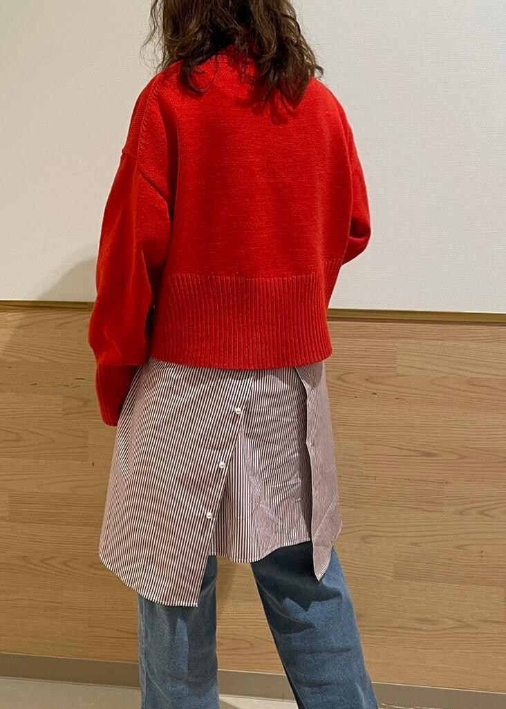 レッド系のシャツ/ブラウス、レッド系のニット/セーター、ブラック系のブーツを着用したレディースの秋コーディネートの3枚目の写真