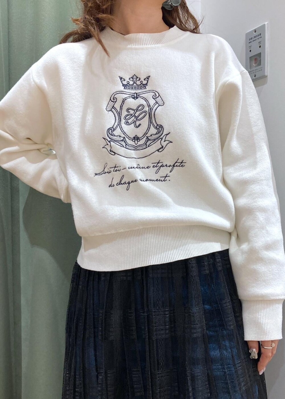 ブルー系のデニムパンツ、ブラック系のスカート、グリーン系のマウンテンパーカーを着用したレディースの春コーディネートの6枚目の写真