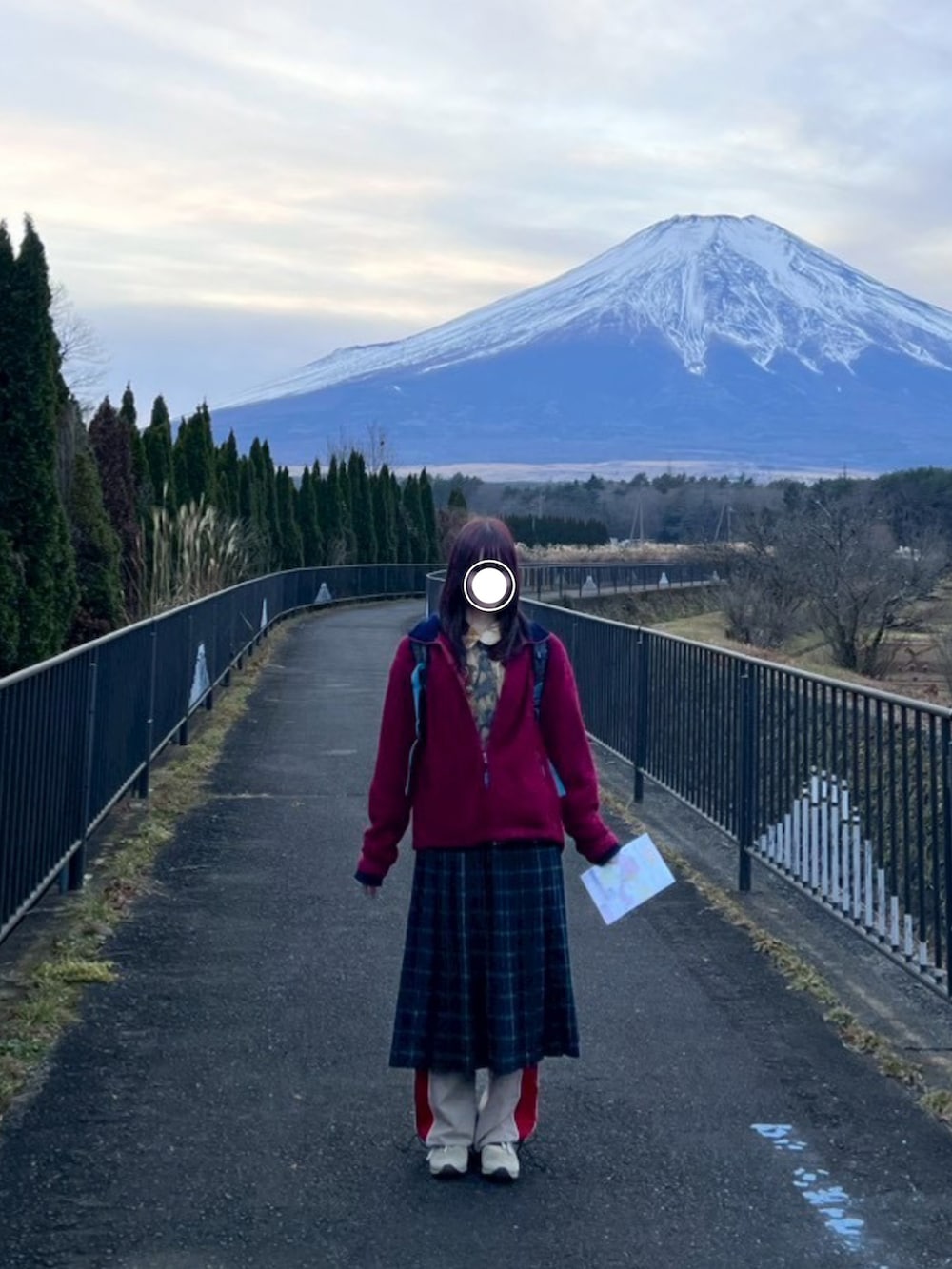 ベージュ系のスニーカー、レッド系のジャケット/アウター、ベージュ系のカーゴパンツを着用したレディースの冬コーディネートの3枚目の写真