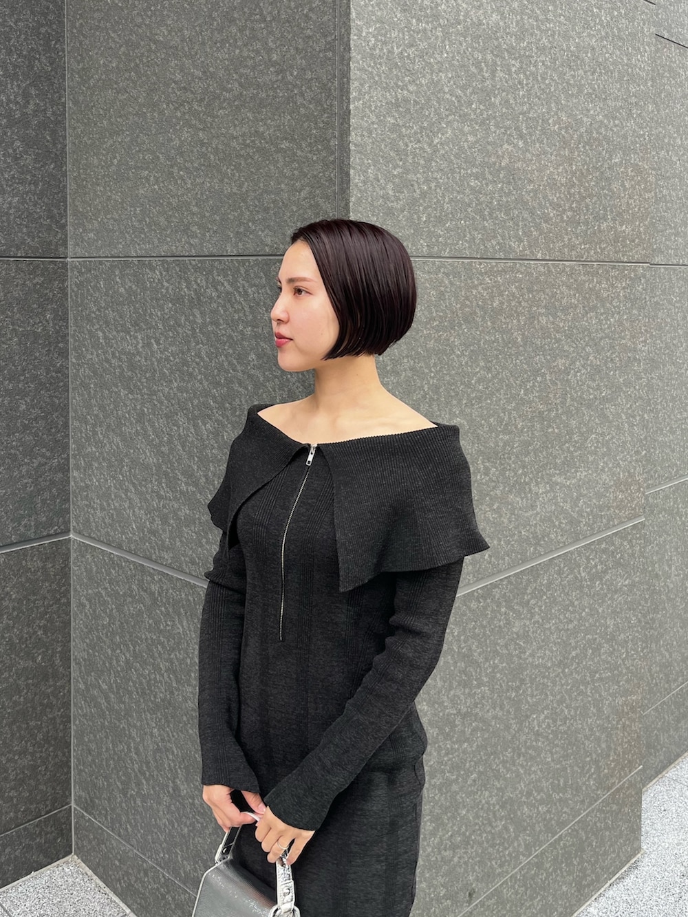 シルバー系のショルダーバッグ、シルバー系のパンプス、ブラック系のワンピースを着用したレディースの春コーディネートの5枚目の写真