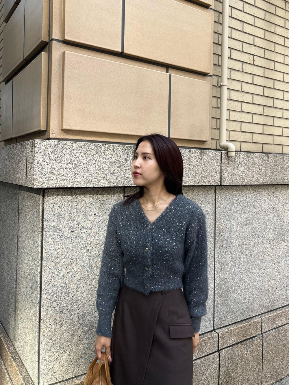 ブラウン系のハンドバッグ、グレー系のカーディガン/ボレロ、ブラウン系のスカートを着用したレディースの秋コーディネートの4枚目の写真