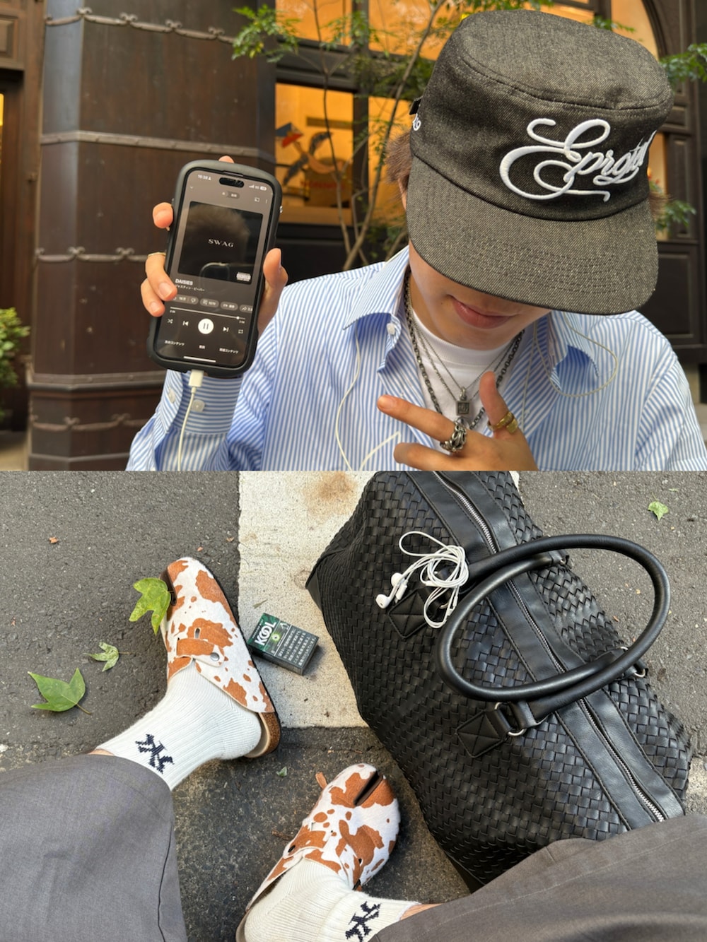 「スラックスショーツ、ショーツ、ショーツスタイル、長袖シャツ、ストライプシャツ、キャップ、キャップコーデ、ボストンバッグ、アニマル柄、古着MIX、シャツスタイル、秋のコーデ、秋コーデ、秋先取りコーデ」｜「mmry.archivesのアイテム（シャツ/ブラウス、ブルー系）」を使った、Syunyaさん（メンズ・179cm）の夏コーディネートの3枚目の写真