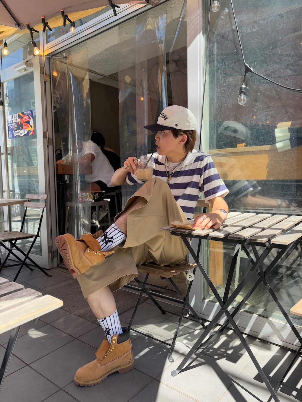 「夏ルックで気分アップ、ストリートコーデ、ポロシャツ、ボーダー、キャップ、チノパン、ジョーツ、ハーフパンツ、夏コーデ、ストリート、古着MIX、古着」｜「47のアイテム（キャップ、ホワイト系）」を使った、Syunyaさん（メンズ・179cm）の夏コーディネートの2枚目の写真