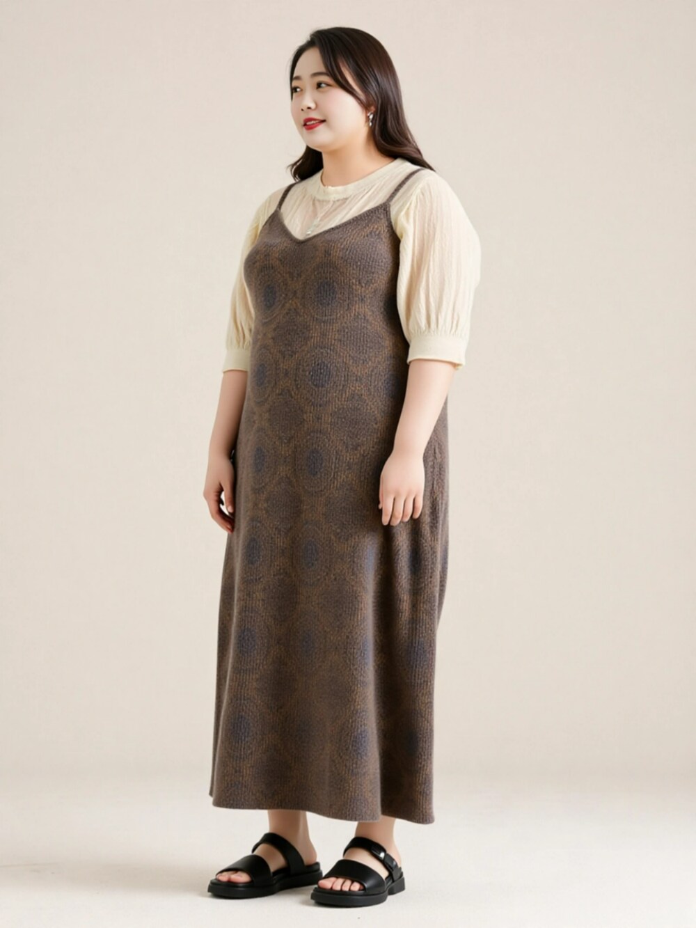 ベージュ系のニット/セーター、ブラウン系のワンピースを着用したレディースの夏コーディネートの2枚目の写真
