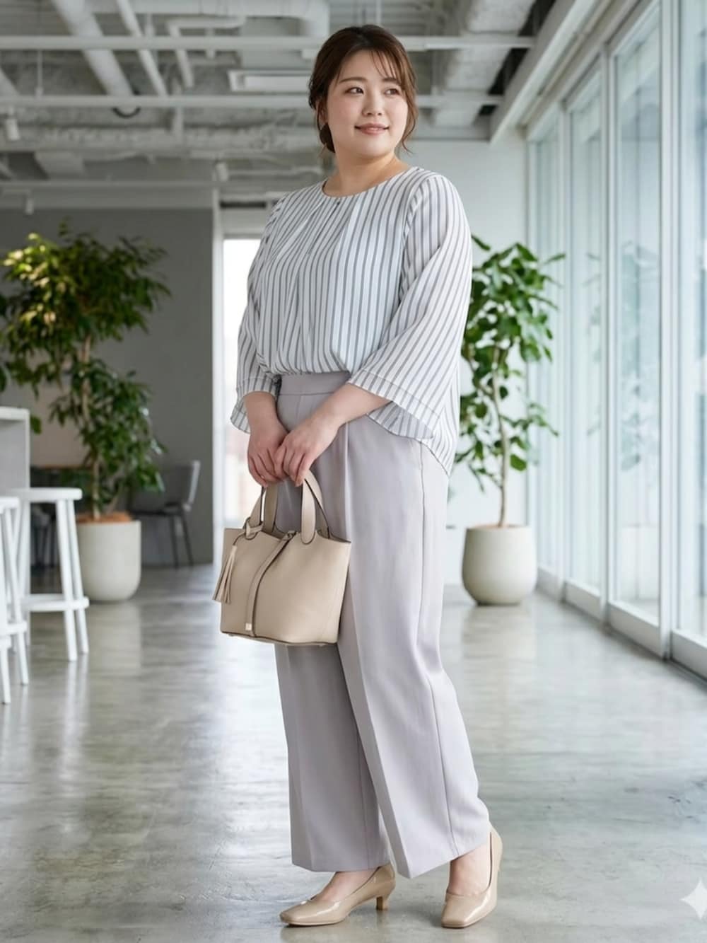 ホワイト系のシャツ/ブラウス、パープル系のパンツ、グレー系のパンプスを着用したレディースの夏コーディネートの2枚目の写真