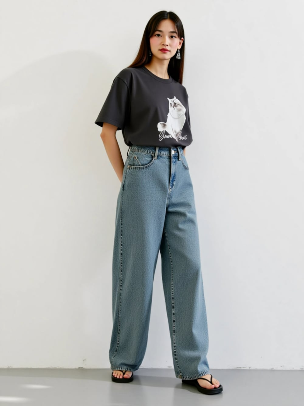 「レディースファッション、モデル、レギュラー、夏コーデ」｜「nissenのパールモチーフ付ねこちゃんプリントＴシャツ（Tシャツ/カットソー、ブラック系）」を使った、nissen AI Modelsさん（レディース・164cm）の夏コーディネートの4枚目の写真