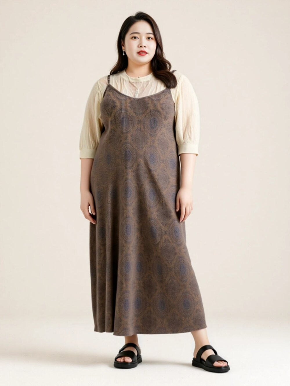ベージュ系のニット/セーター、ブラウン系のワンピースを着用したレディースの夏コーディネートの3枚目の写真