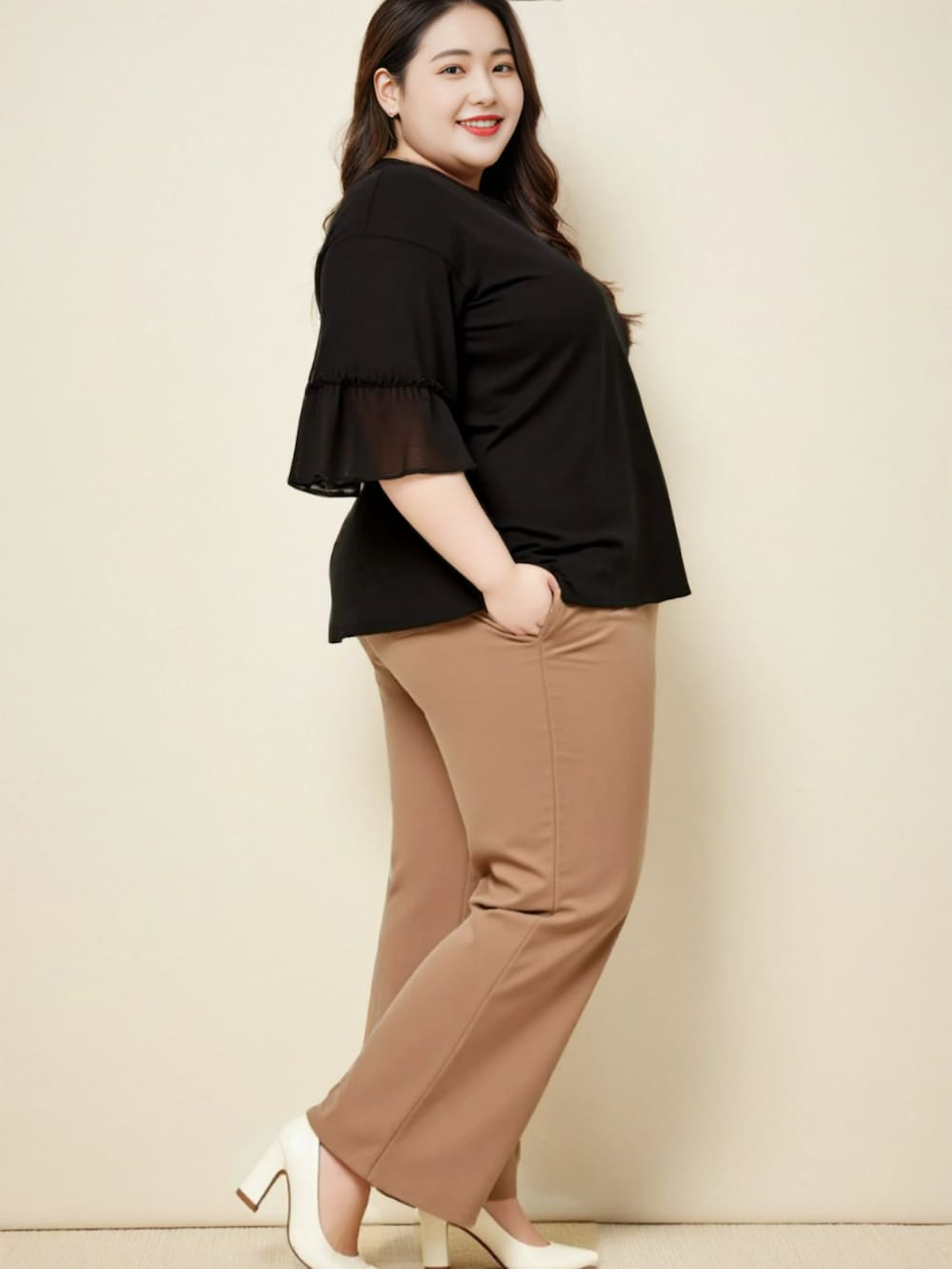 ブラック系のTシャツ/カットソー、ベージュ系のその他パンツを着用したレディースの夏コーディネートの3枚目の写真