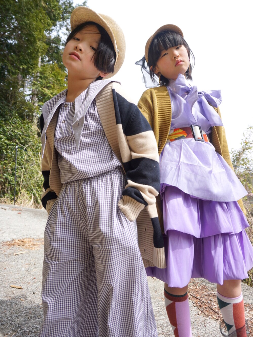 「カーディガン、春コーデ、ボーダー、春服、ギンガムチェック、パープル、セットアップ、パンツスタイル、スカート、麦わら帽子、ハット、休日コーデ、パステル映える春、シャツスタイル、春ニット」|「Caroline Bosmansのアイテム(スカート、パープル系)」を使った、MAN♡N / OKIさん(キッズ・134cm)の春コーディネートの2枚目の写真