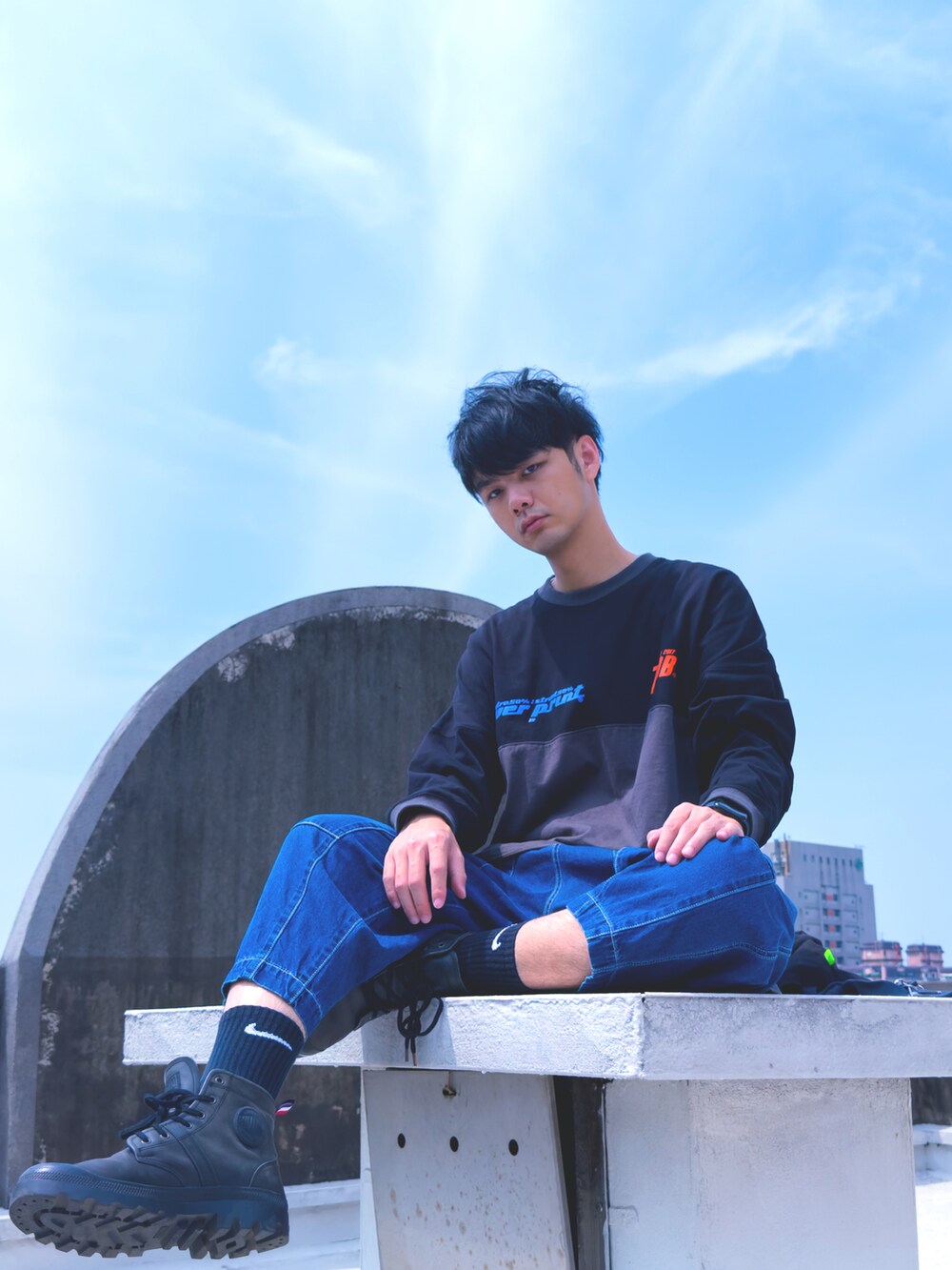 「休日スタイル、ootd」｜「forksy.の【forksy.】２WAYデニムモッズコート/ベスト（モッズコート、ブルー系）」を使った、HEXA🇹🇼さん（メンズ・183cm）の春コーディネートの4枚目の写真
