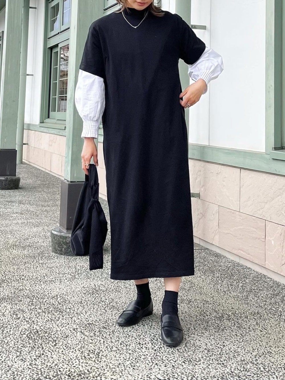 「イーザッカマニアストアーズ、着回しコーデ、レイヤードコーデ、ボレロ、ベスト、春服、神戸ファッション、PR、ロングワンピース、ワンヒース、夏服、おでかけコーデ」｜「e-zakkamania storesのアイテム（ワンピース/ドレス、ブラック系）」を使った、たろ☺︎さん（骨格ナチュラル・レディース・165cm）の春コーディネートの2枚目の写真