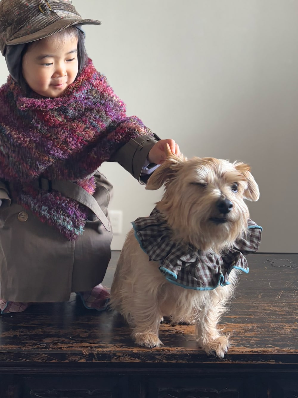 グリーン系のその他パンツ、パープル系のポンチョ、グリーン系のトレンチコートを着用したキッズの冬コーディネートの5枚目の写真