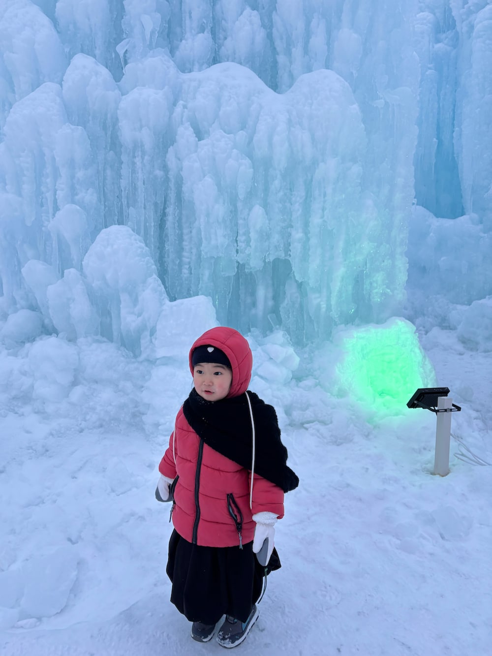 レッド系のダウンジャケット/コート、ブラック系のスカート、グレー系のブーツを着用したキッズの冬コーディネートの3枚目の写真