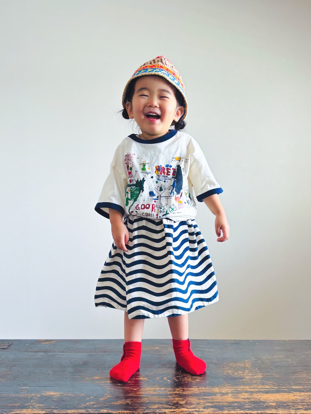 「ワンピース、UNIQLO、ボーダー、リンガーTシャツ、Tシャツ、やっぱり帽子が好き、麦わら帽子、レイヤードスタイル、夏コーデ」｜「Handmadeのハンドメイドサンハット（ハット、その他）」を使った、KOOOさん（キッズ・90cm）の春コーディネートの2枚目の写真