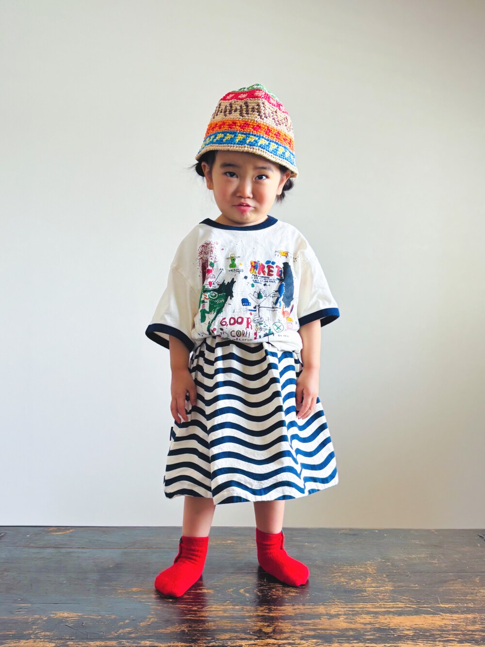「ワンピース、UNIQLO、ボーダー、リンガーTシャツ、Tシャツ、やっぱり帽子が好き、麦わら帽子、レイヤードスタイル、夏コーデ」｜「Handmadeのハンドメイドサンハット（ハット、その他）」を使った、KOOOさん（キッズ・90cm）の春コーディネートの3枚目の写真