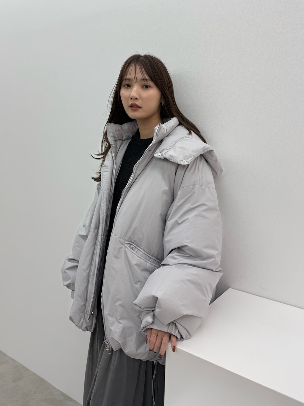 グレー系のダウンジャケット/コート、ブラック系のワンピースを着用したレディースの秋コーディネートの6枚目の写真