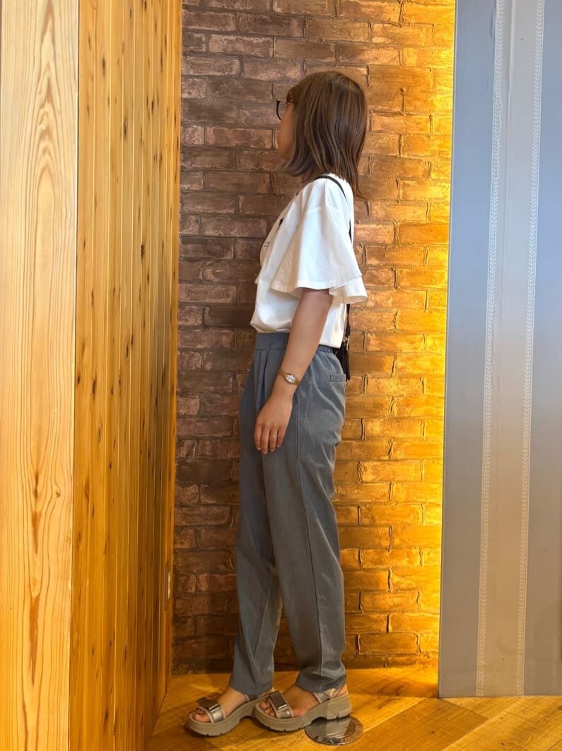 ホワイト系のTシャツ/カットソー、ブルー系のその他パンツ、ベージュ系のサンダルを着用したレディースの夏コーディネートの2枚目の写真