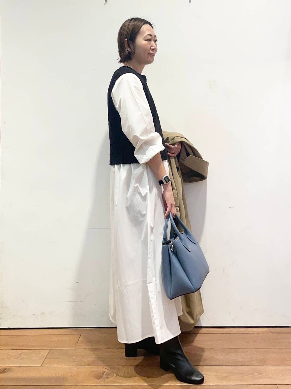 「大人カジュアル、urbanresearchdoors、ママコーデ、アーバンリサーチドアーズ、doors、低身長コーデ、ママファッション、キレイめカジュアル、春のジャケットスタイル」｜「RODE SKOの【MADE IN JAPAN】EMELINA プレーンブーツ（ブーツ、ブラック系）」を使った、urd_nanakoさん（レディース・154cm）の冬コーディネートの7枚目の写真
