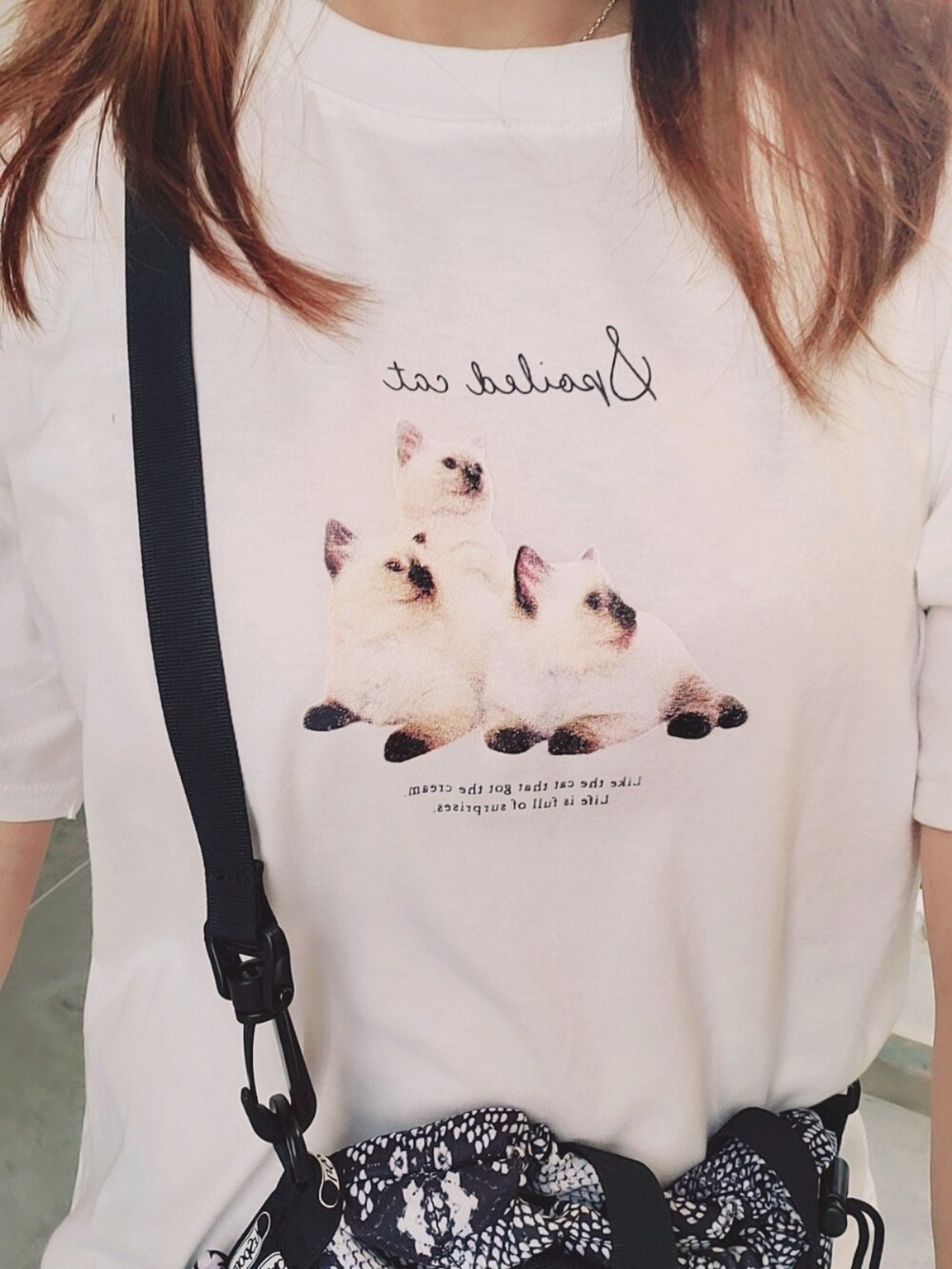 「シャツ、夏コーデ、白Tシャツ、猫、ネコ、shirts、summer」｜「Honeysのアイテム（Tシャツ/カットソー、ホワイト系）」を使った、Joeyさん（レディース・135cm）の夏コーディネートの2枚目の写真