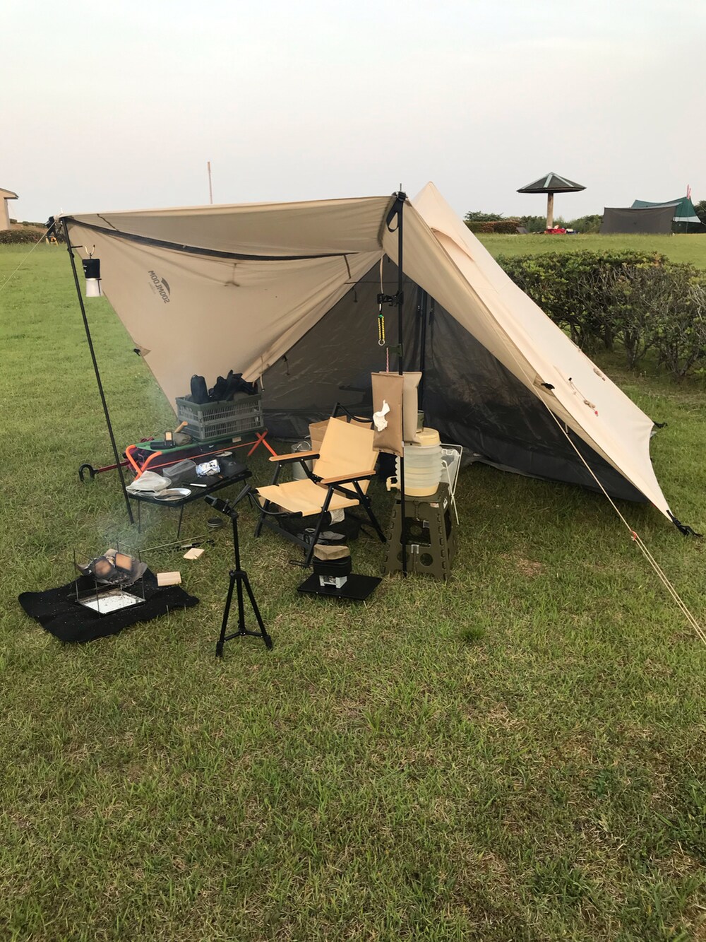 グレー系のスニーカー、グリーン系のその他パンツ、ブラック系のTシャツ/カットソーを着用したメンズの夏コーディネートの2枚目の写真