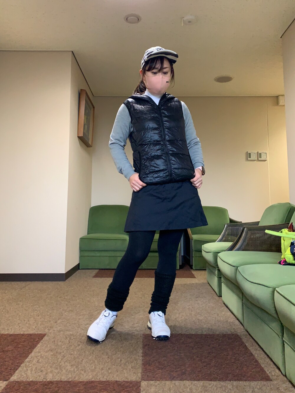 「ゴルフ、ゴルフウェア、ゴルフコーデ、ゴルフ女子」｜「PEARLY GATESのアイテム（スカート、ブルー系）」を使った、qurocheさん（レディース・156cm）の冬コーディネートの2枚目の写真
