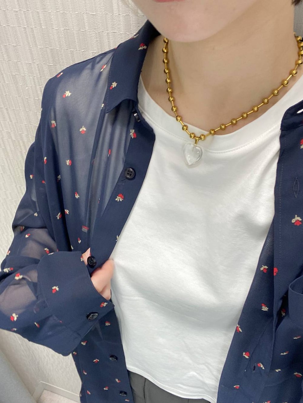 ホワイト系のTシャツ/カットソー、ブルー系のシャツ/ブラウスを着用したレディースの夏コーディネートの2枚目の写真