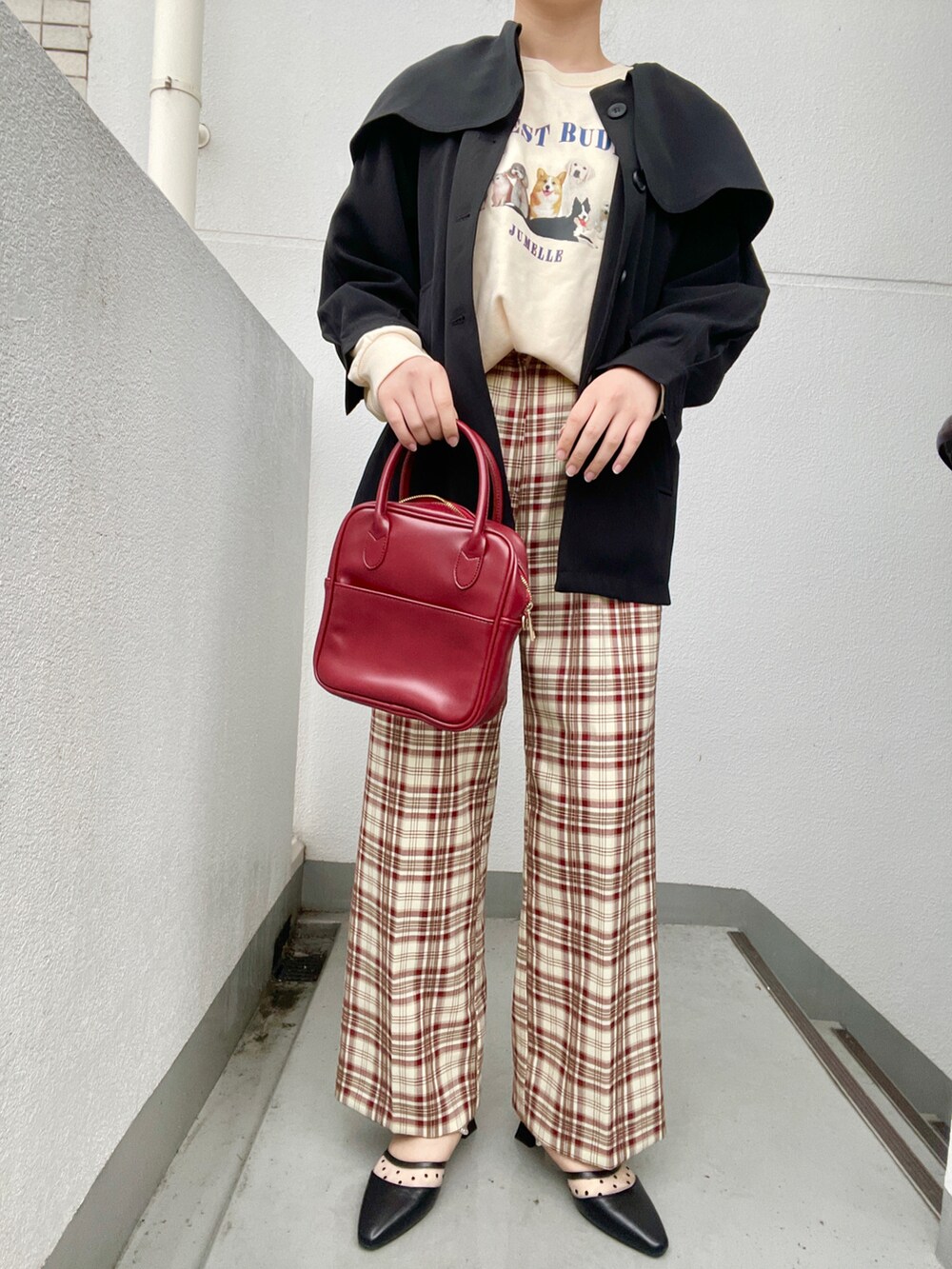 レッド系のハンドバッグ、レッド系のパンツ、ブラック系のパンプスを着用したレディースの春コーディネートの2枚目の写真