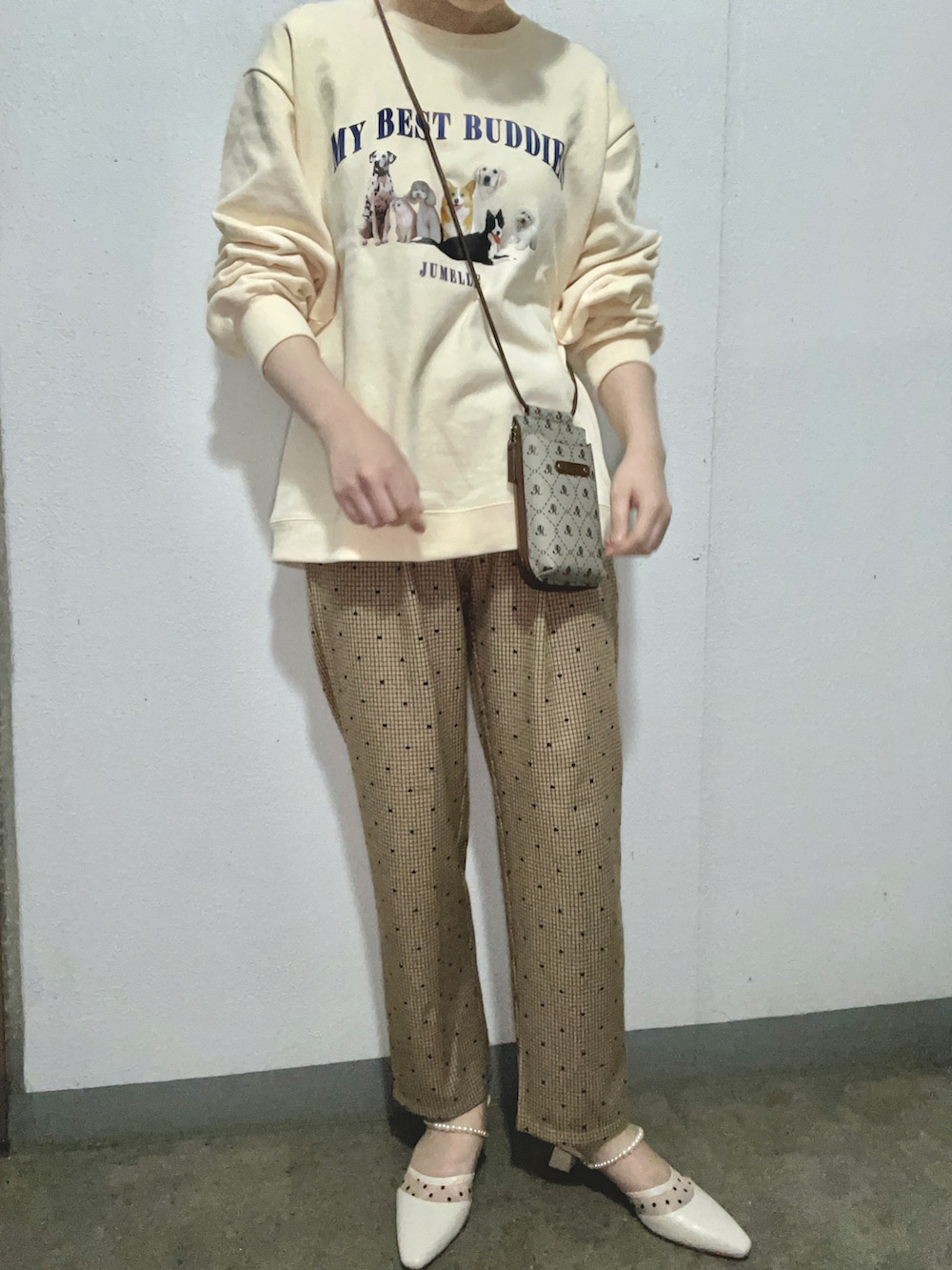 ベージュ系のスラックス、ホワイト系のパンプス、その他のショルダーバッグを着用したレディースの春コーディネートの2枚目の写真