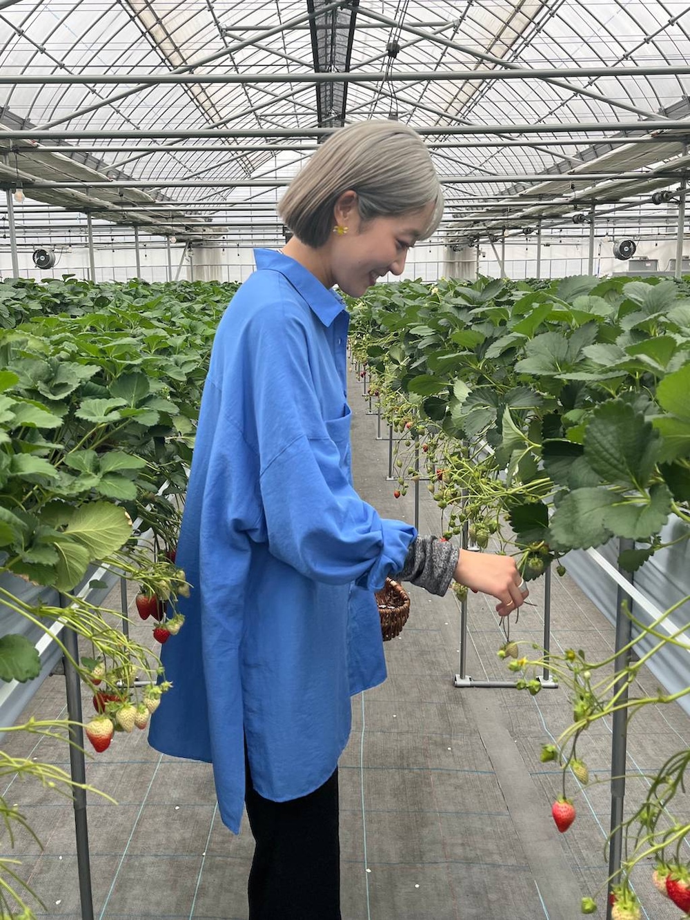 ブルー系のシャツ/ブラウス、ブラック系のその他パンツ、イエロー系のネックレスを着用したレディースの春コーディネートの3枚目の写真