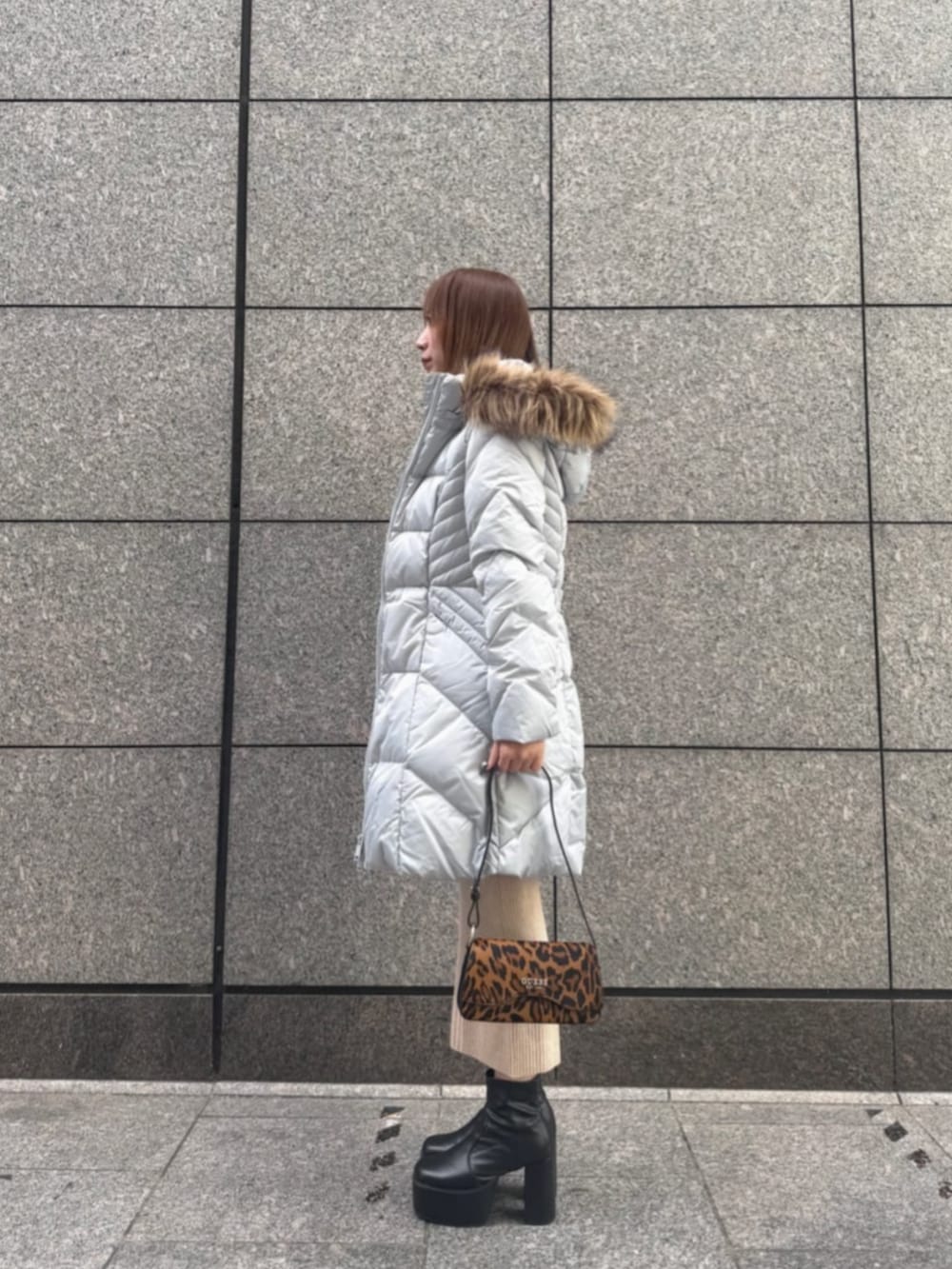 グレー系のダウンジャケット/コート、その他のハンドバッグ、ベージュ系のワンピースを着用したレディースの冬コーディネートの3枚目の写真