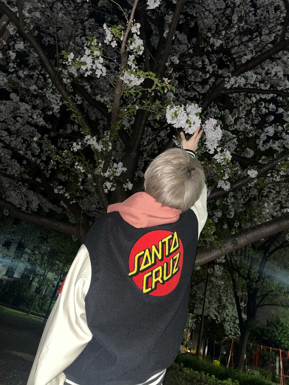 「花見、花見コーデ、パーカー、パーカーコーデ、スカジャン、スタジャン、ピンク、ピンクコーデ、カーゴパンツ、甘辛mix、春ファッション、オトナカジュアル、大人カジュアル、ストリートコーデ、ビッグシルエット」｜「FREAK'S STOREのWEB限定 SANTA CRUZ/サンタクルーズ 別注 ビッグシルエット ワッペンアレンジ スタジャン（スタジャン、ブラック系）」を使った、taiさん（メンズ・179cm）の春コーディネートの4枚目の写真