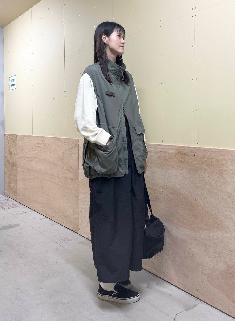 グリーン系のベスト、ブラック系のワンピース、ベージュ系のTシャツ/カットソーを着用したレディースの秋コーディネートの3枚目の写真