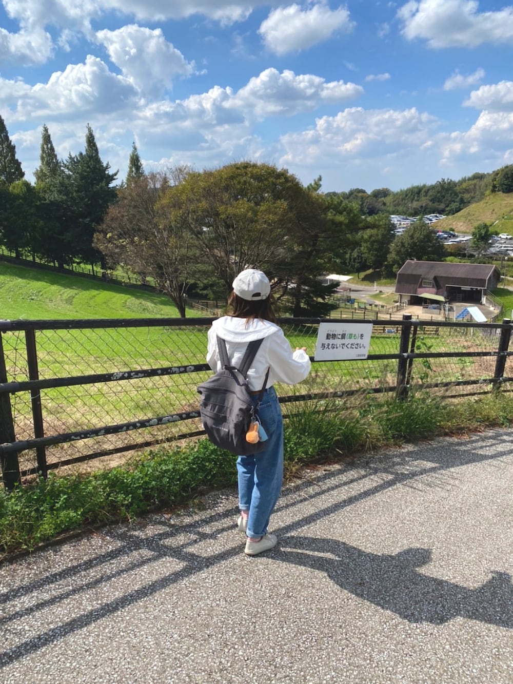 ホワイト系のシャツ/ブラウス、ブルー系のデニムパンツ、ベージュ系のスニーカーを着用したレディースの秋コーディネートの2枚目の写真