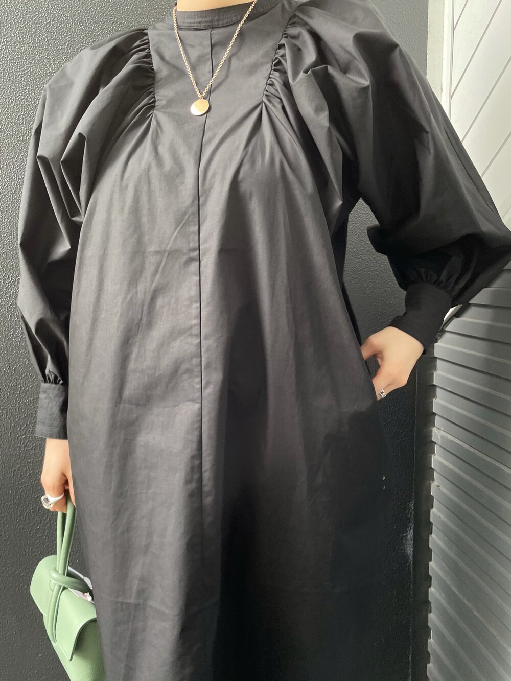 グリーン系のショルダーバッグ、ブラック系のワンピース、ブラック系のスリッポンを着用したレディースの冬コーディネートの3枚目の写真