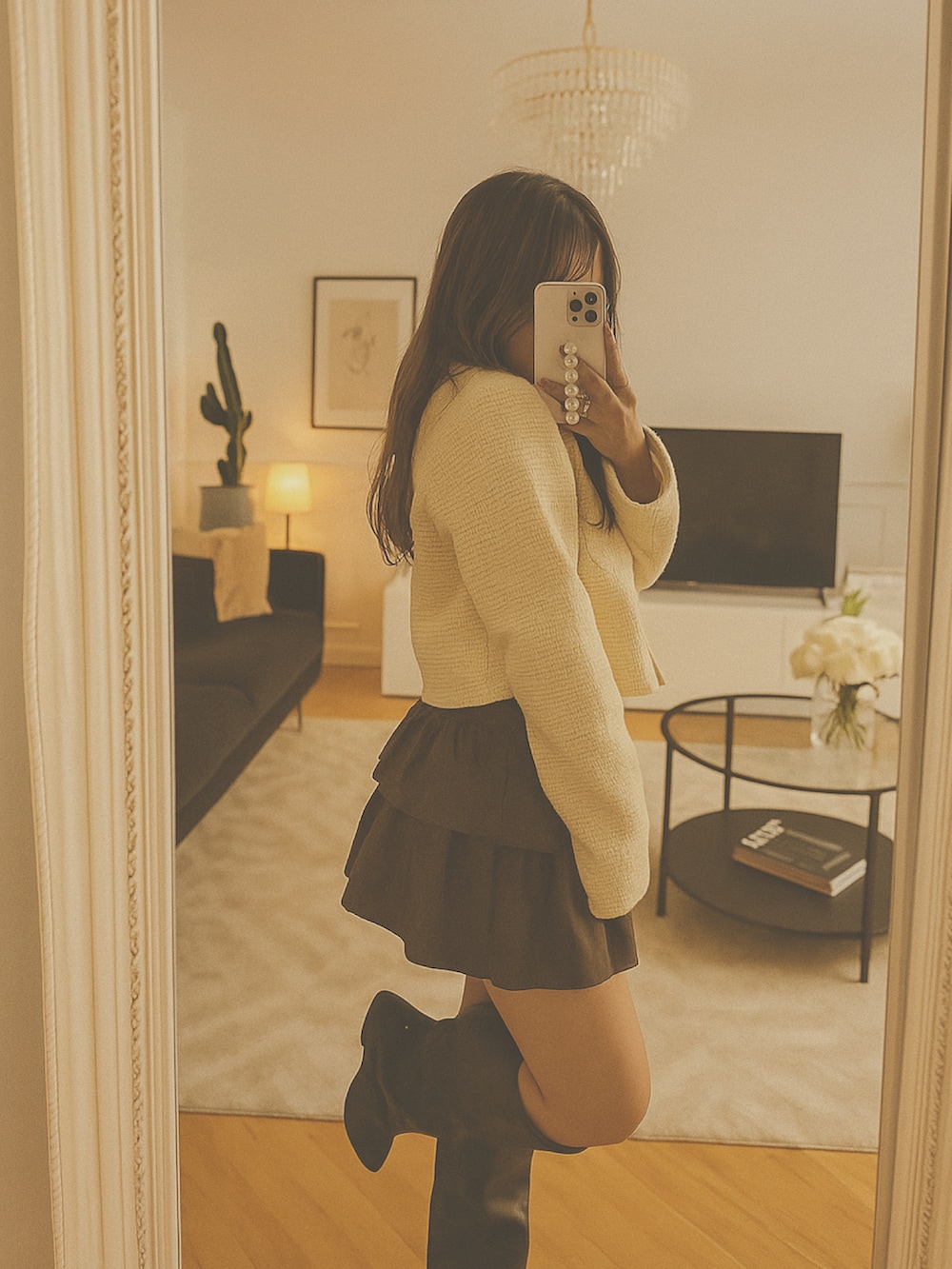 ブラウン系のスカート、ブラック系のブーツを着用したレディースの秋コーディネートの2枚目の写真