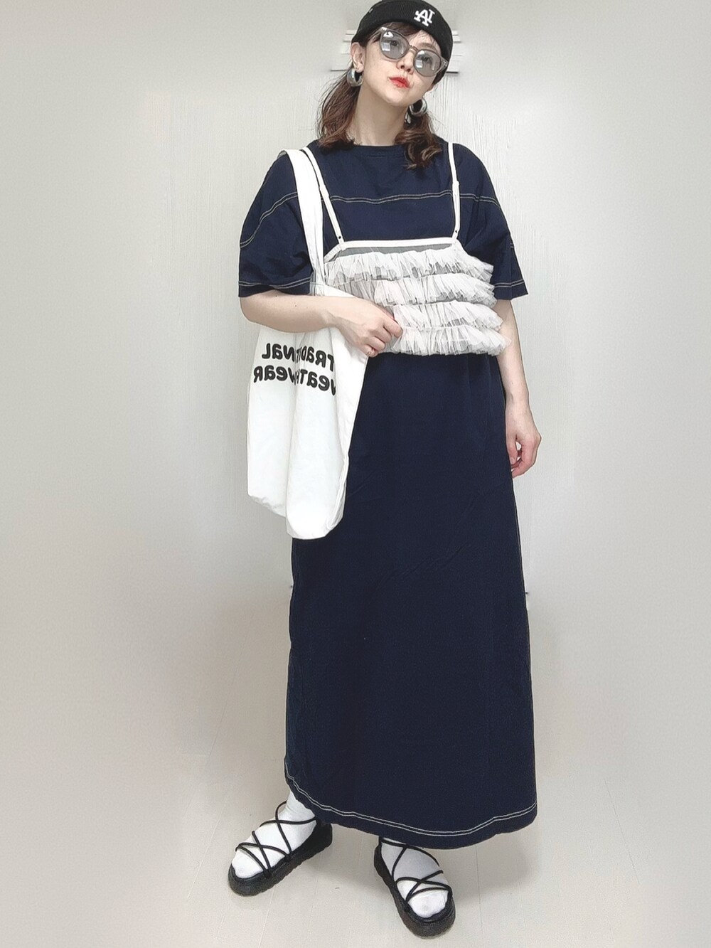 ブルー系のワンピース、ホワイト系のトートバッグ、ブラック系のサンダルを着用したレディースの春コーディネートの4枚目の写真