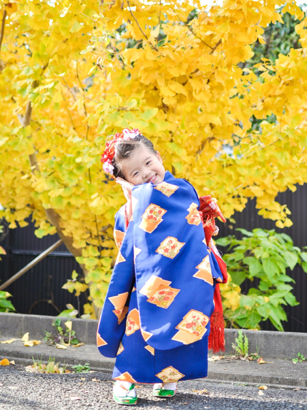 ブルー系の着物、ブルー系の着物を着用したキッズの春コーディネートの2枚目の写真