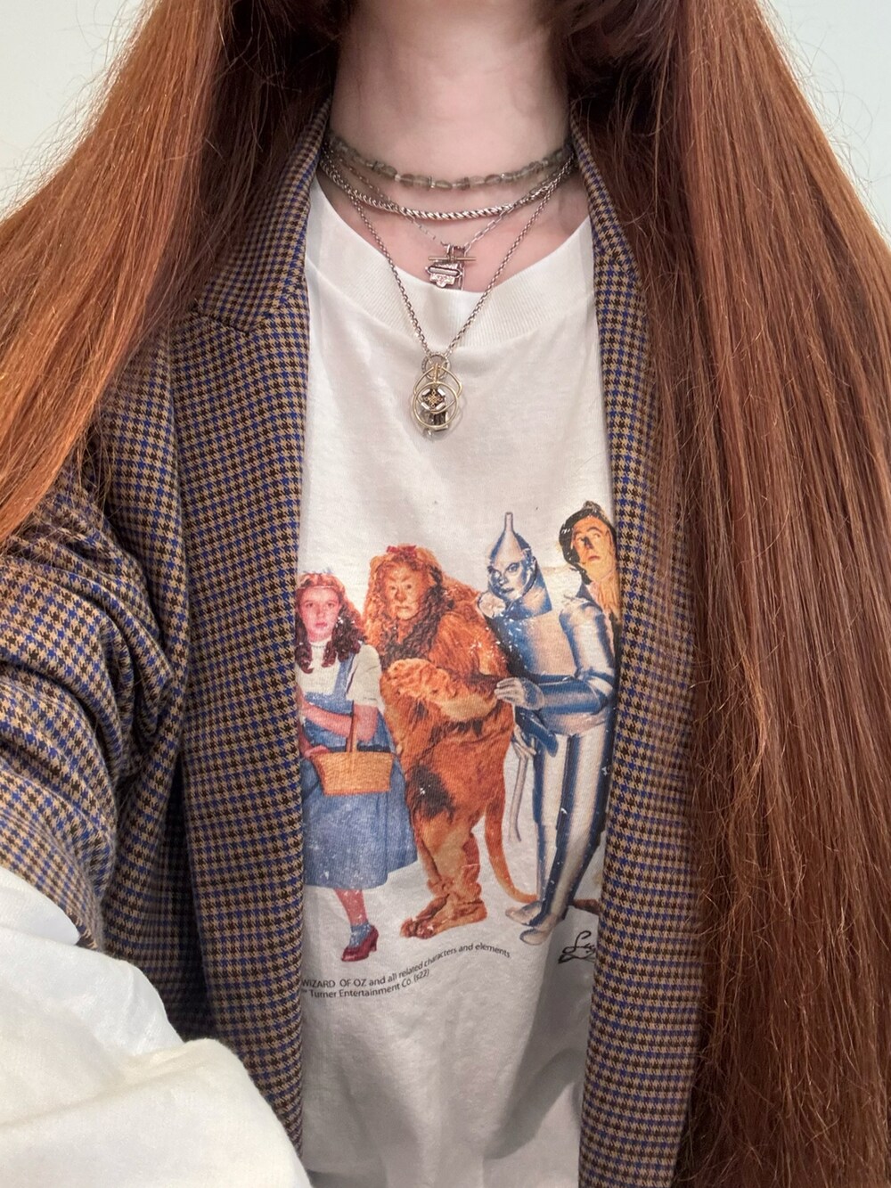 ホワイト系のTシャツ/カットソー、グレー系のネックレス、ゴールド系のネックレスを着用したレディースの秋コーディネートの2枚目の写真